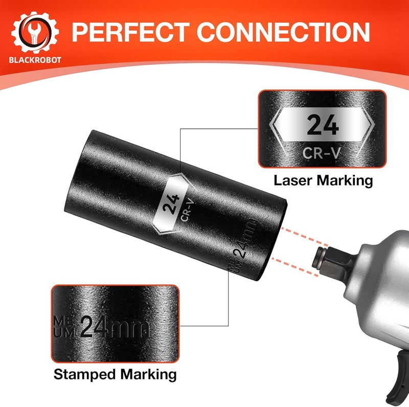 BLACKROBOT 1/2 Inch Drive 6-Point Deep Socket, 24mm Deep Impact Socket, CR-V Steel - Image 4